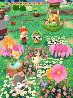 Animal Crossing Pocket Camp garden scene with characters surrounded by pink and white flowers