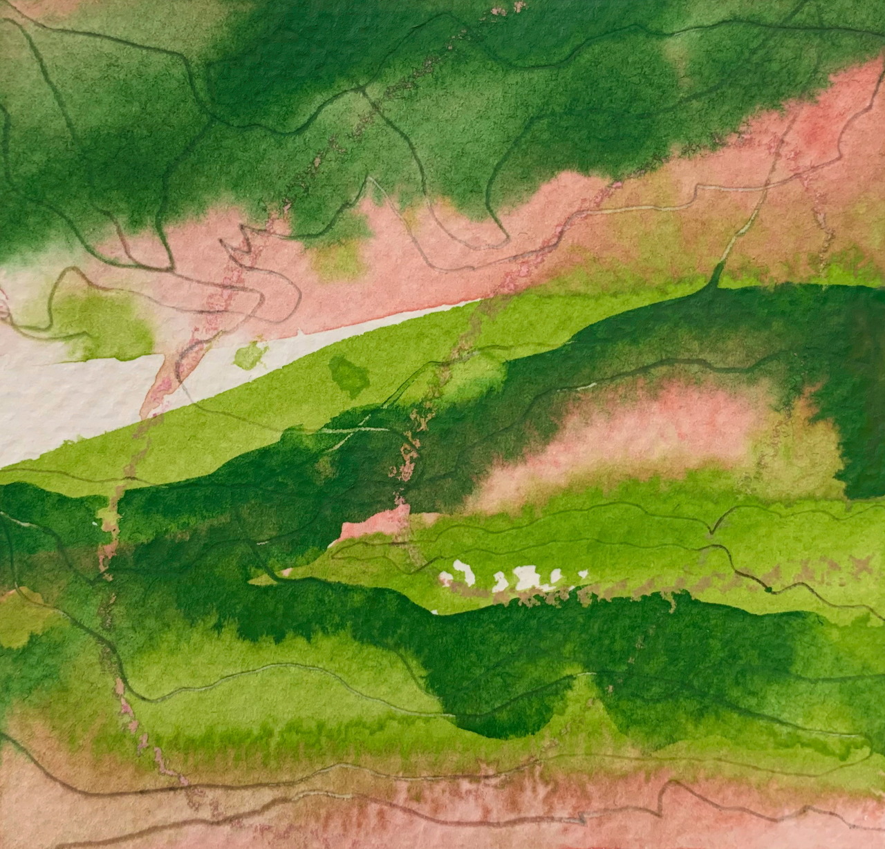 Abstract watercolor painting with green layered shapes and soft pink background washes