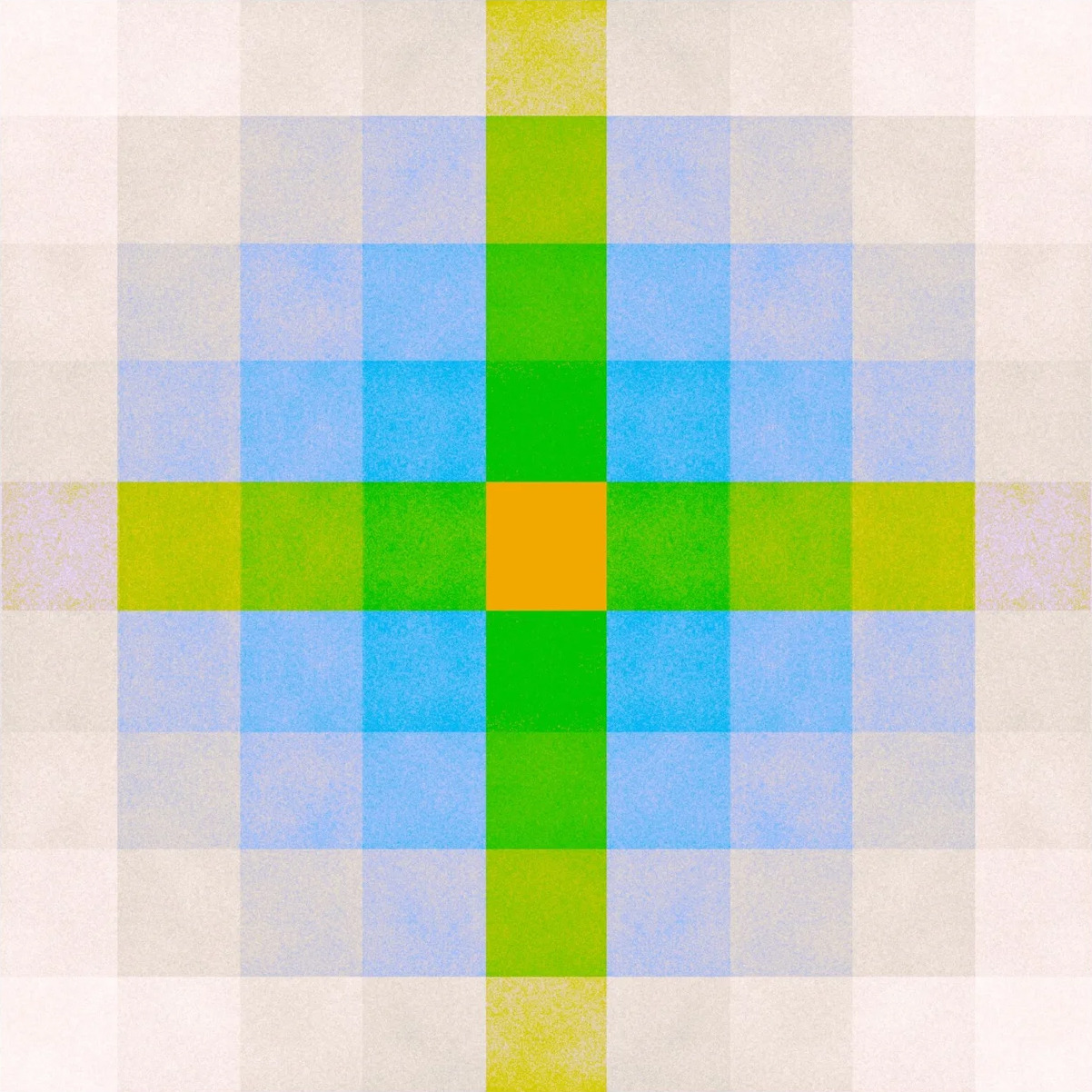 Abstract geometric grid of colored squares forming a cross pattern with green, blue, yellow and orange gradients