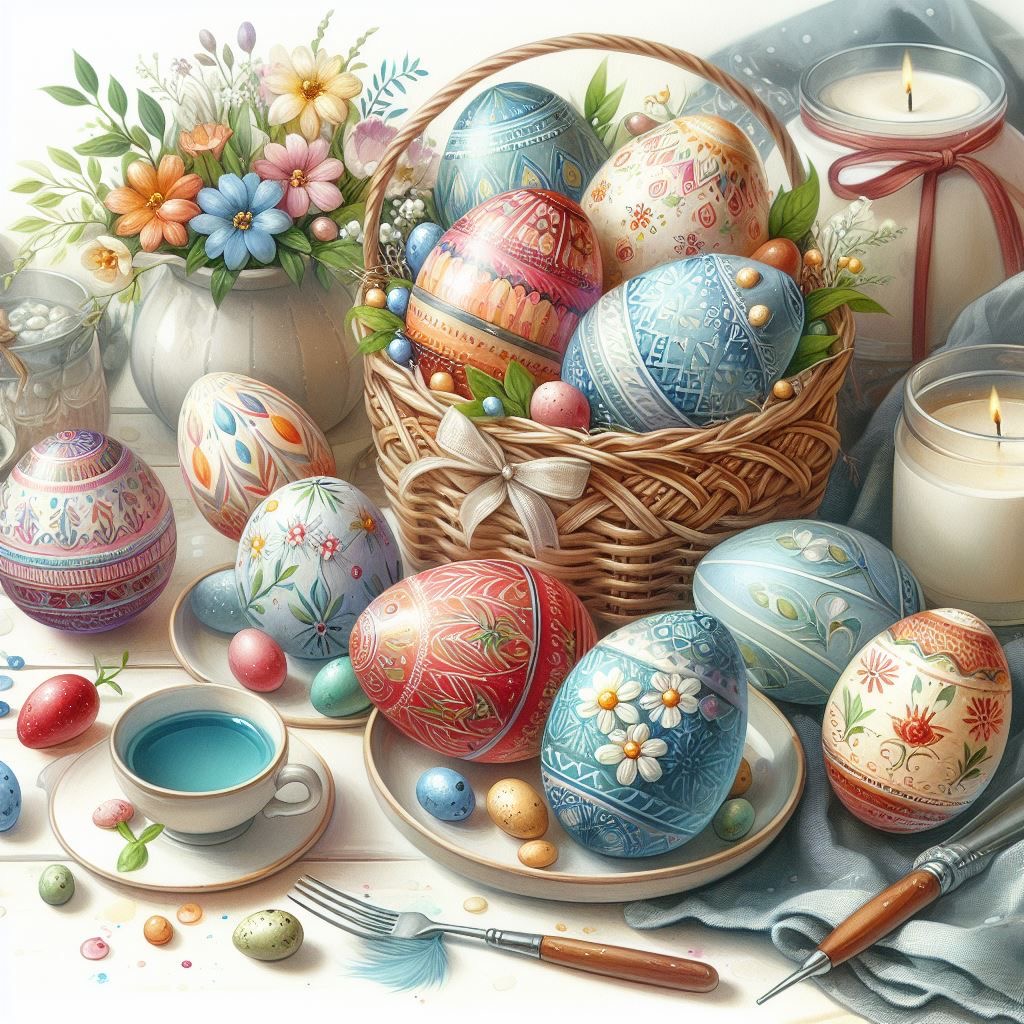 Ornate decorated Easter eggs in basket with spring flowers and candles