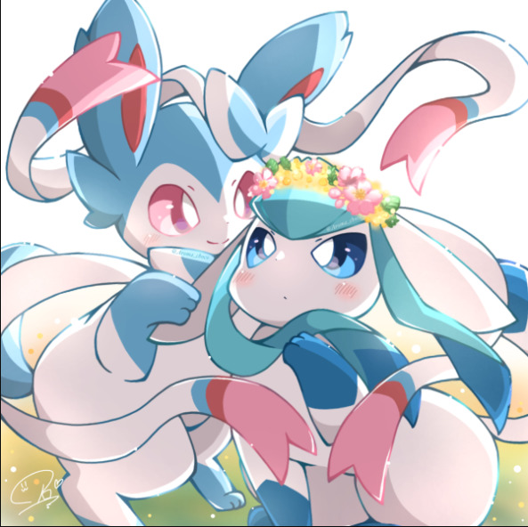 Sylveon Pokémon with blue eyes, pink ribbon feelers, and flower crown in pastel anime art style