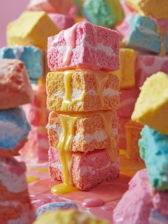 Stack of four pink and yellow frosted marshmallows with pastel meringues in background