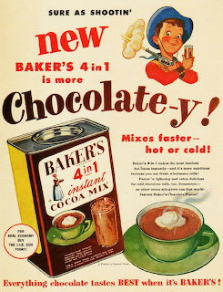 Vintage Baker's Cocoa advertisement with tin, hot chocolate cups, and cartoon mascot