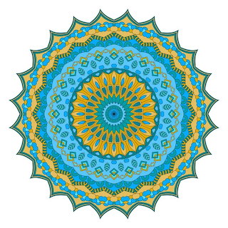 Blue and gold circular mandala design on a white background