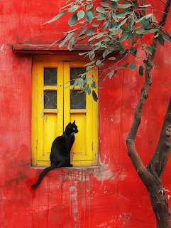 Black cat perched on windowsill of yellow window frame on red wall with tree branch