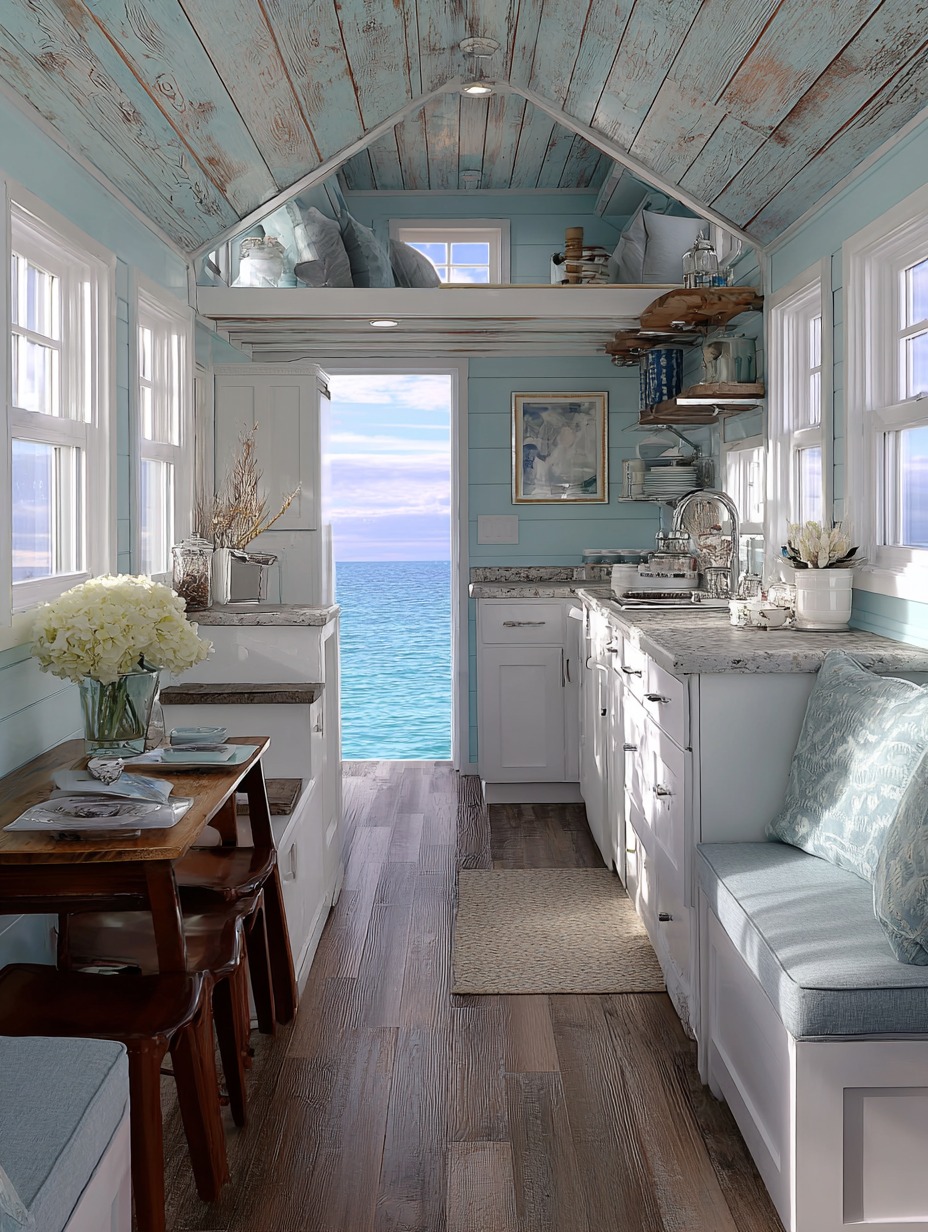 Tiny house interior with light blue walls, white kitchen cabinets, wood floors, and ocean view through open door