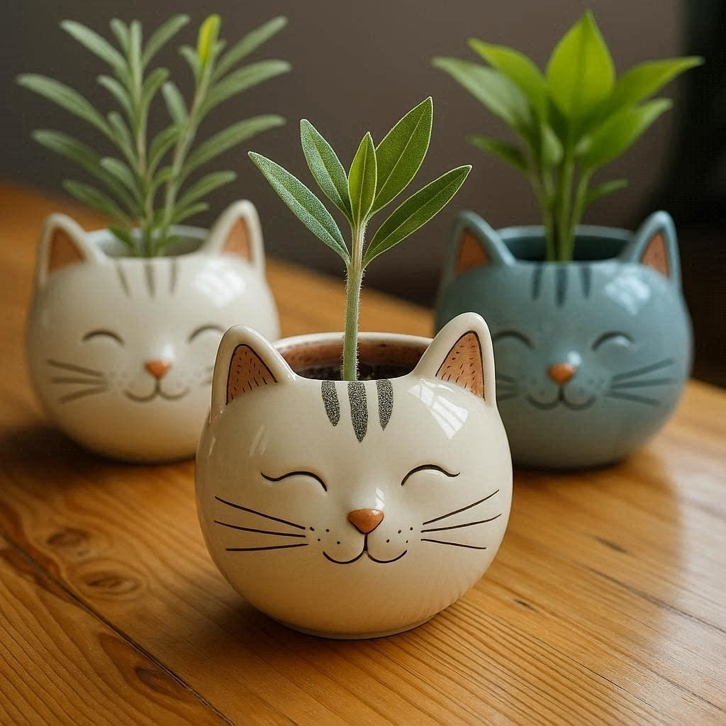 Three ceramic cat-face planters with green plants on a wooden surface