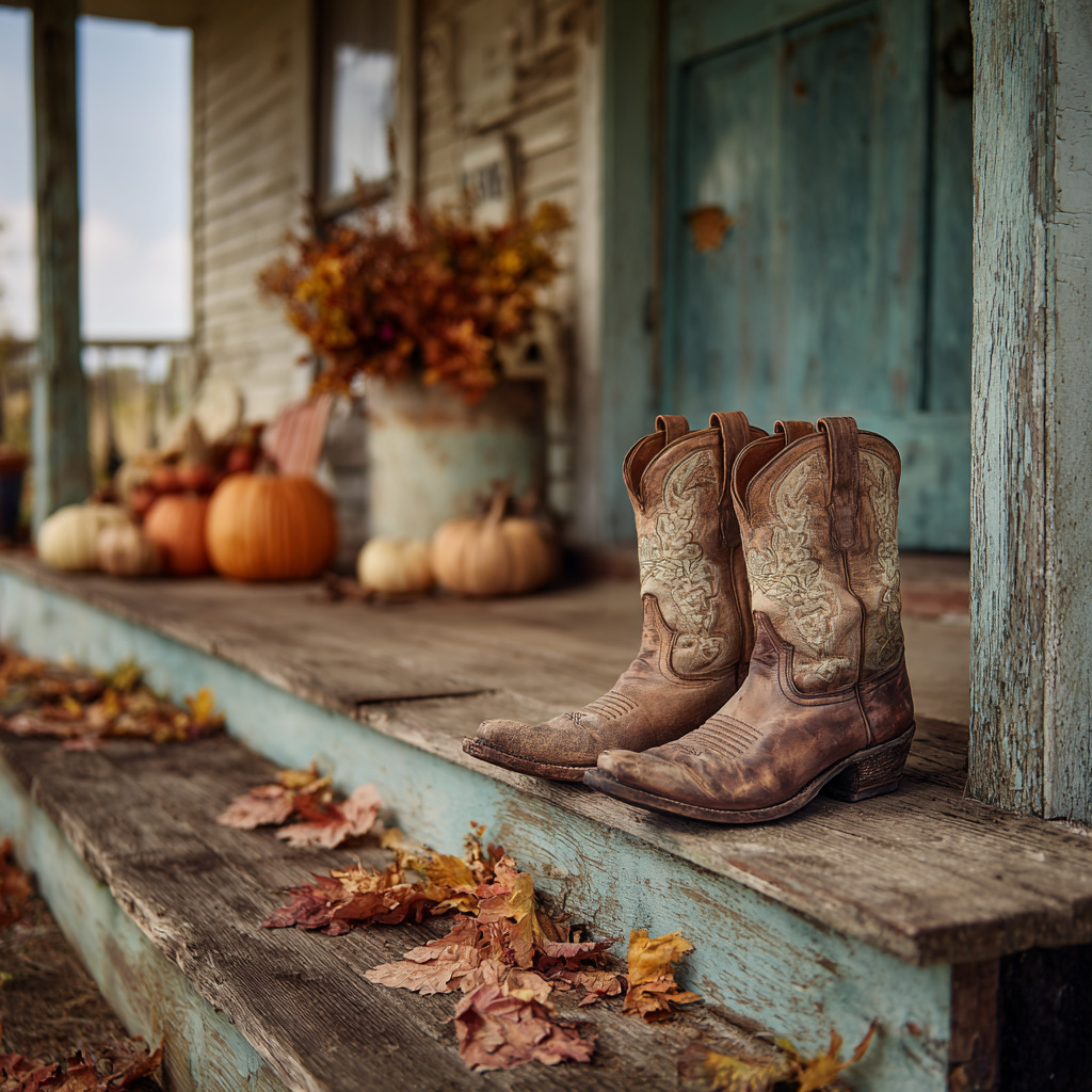 Cowboy boots on a rustic porch with pumpkins and autumn leaves near a weathered teal door
