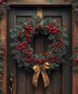 Christmas wreath with red berries and gold bow on dark wooden door