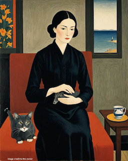 Painting of a woman in black dress sitting on red chair with gray cat, window showing sea