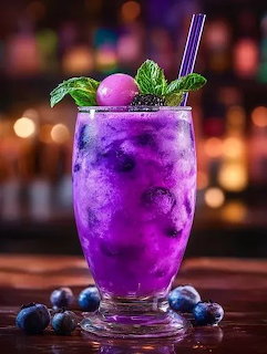 Purple blueberry cocktail in a glass with mint garnish and fresh blueberries on a bar counter