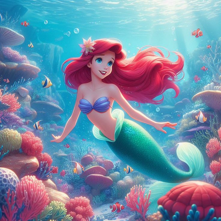 Ariel the mermaid with red hair and green tail swimming in an underwater coral reef with tropical fish