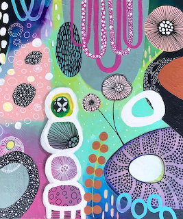 Colorful abstract art with geometric flowers, circles, and decorative patterns in pink, turquoise, and purple