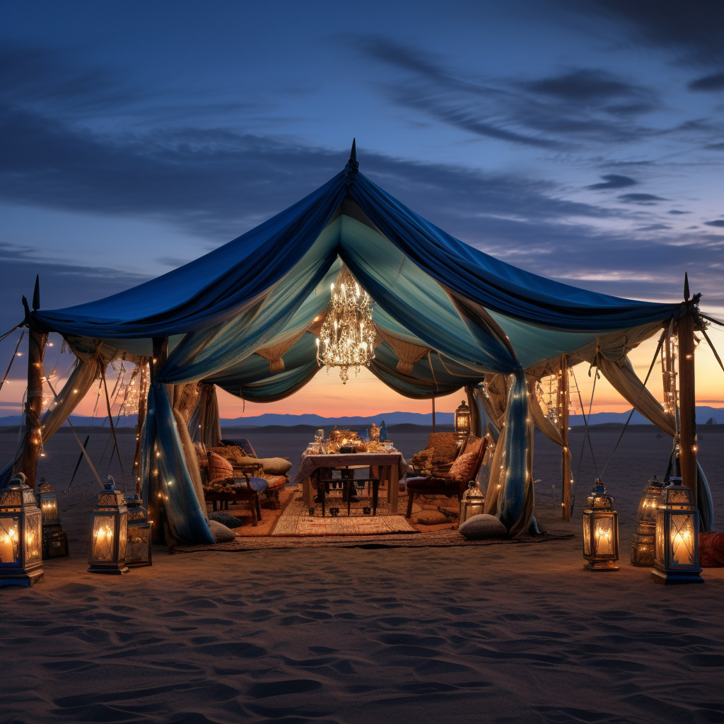 Luxurious blue desert tent at sunset with lanterns, chandelier, cushions, and a table on the sand