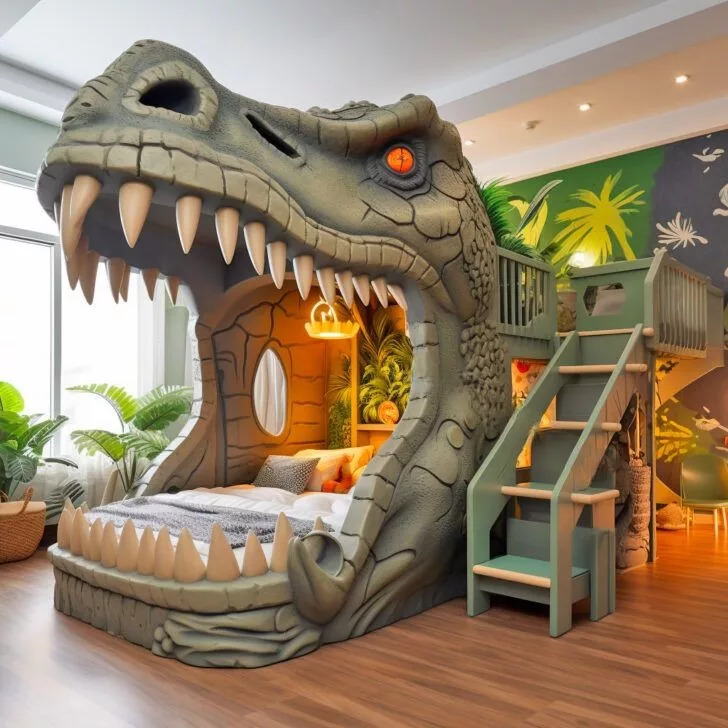 Dinosaur-themed bunk bed with T-Rex head opening, ladder, and jungle-style children's bedroom