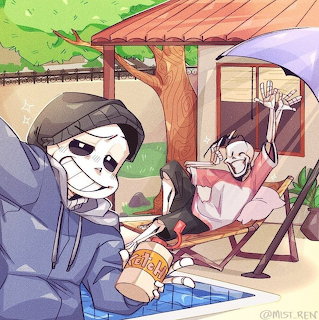 Undertale fanart of Sans by a pool with Papyrus lounging in a chair outside