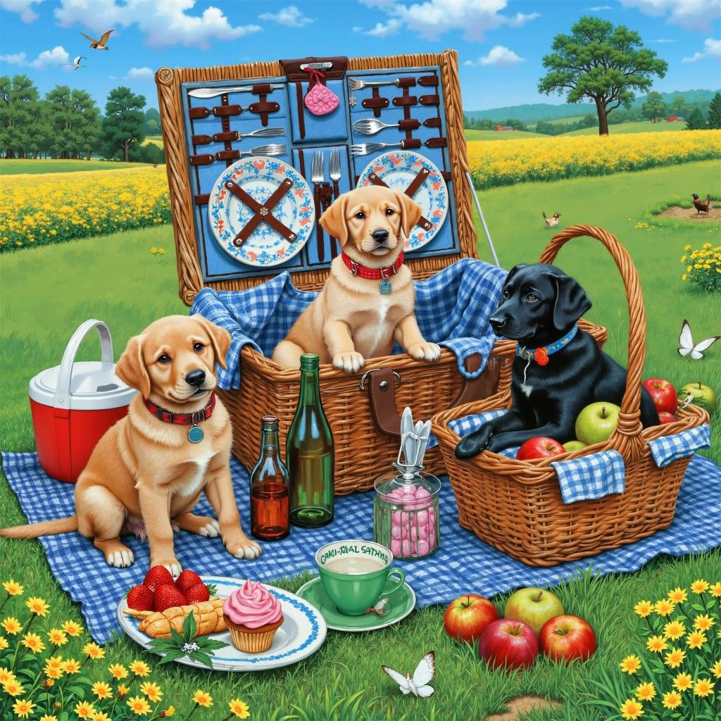 Three golden and black puppies sitting on a picnic blanket outdoors with baskets and food