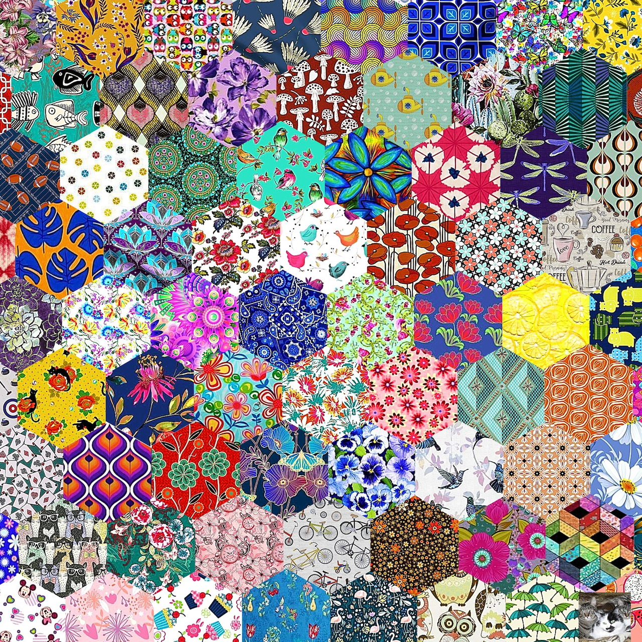 Colorful hexagonal patchwork quilt with varied patterns and designs