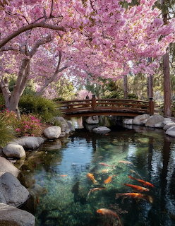 Wooden bridge over a koi pond surrounded by pink cherry blossom trees in a Japanese garden