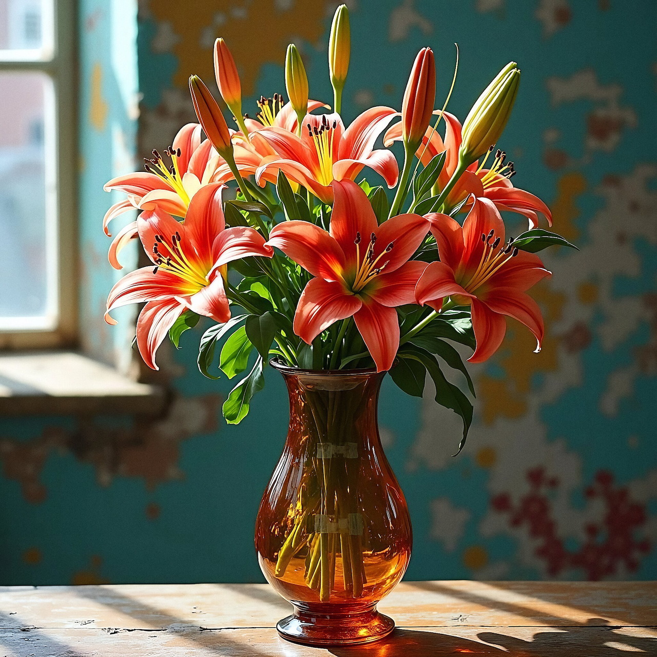 Orange lilies with buds in an amber glass vase on a wooden table near a window