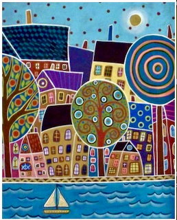 Colorful folk art painting of a seaside village with patterned houses, trees, and a sailboat on waves