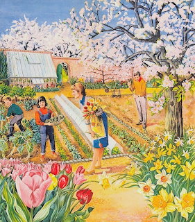 Vintage illustration of family gardening in spring with blooming flowers and fruit trees