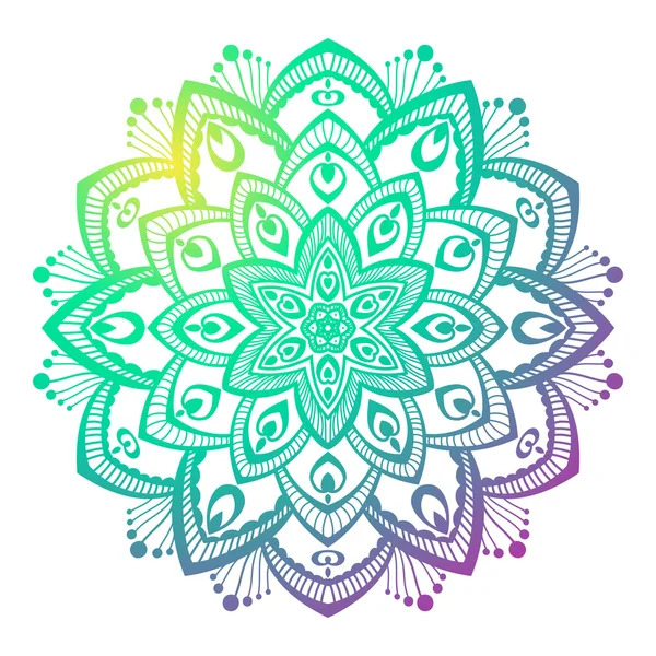 Symmetrical mandala with ornate floral petals in rainbow gradient colors