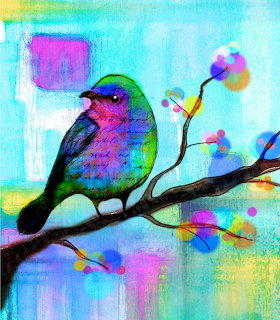 Colorful painted bird with rainbow plumage on branch with flowers against abstract turquoise and pink background