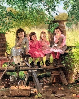 Painting of five young girls in Victorian dresses sitting on a bench eating fruit in a garden
