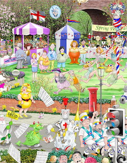 Busy spring garden party illustration with people, tents, flowers, and animals on green grass