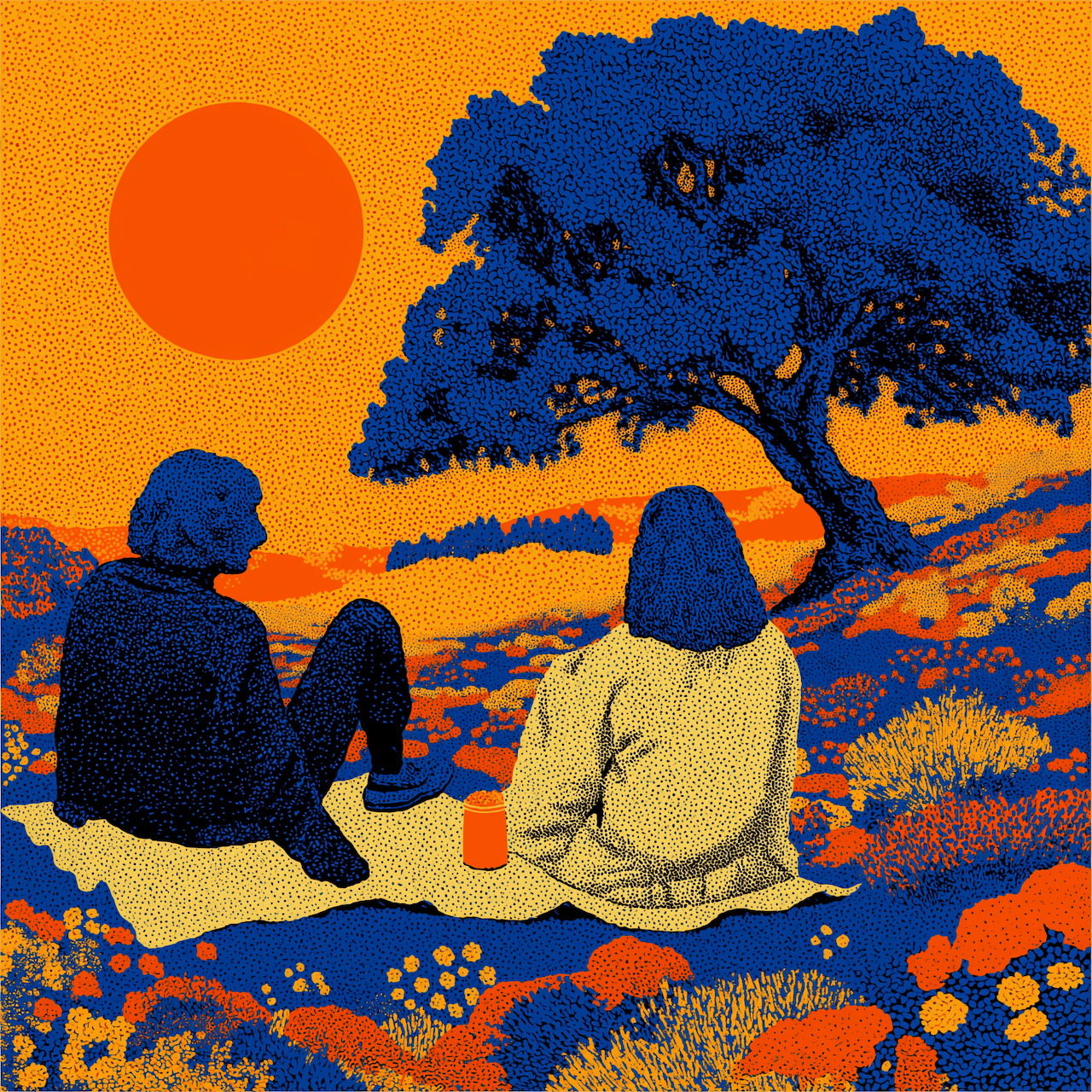 Two people sitting on a blanket in a flower-filled meadow beneath a blue tree with an orange sunset sky