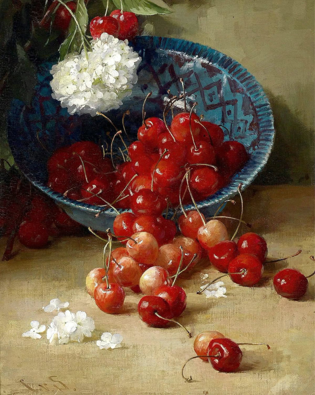 Oil painting of red cherries spilling from a blue bowl with white flowers on a table