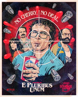 Retro illustrated Stranger Things Season 3 poster with characters, cheries, and E Pluribus Unum text