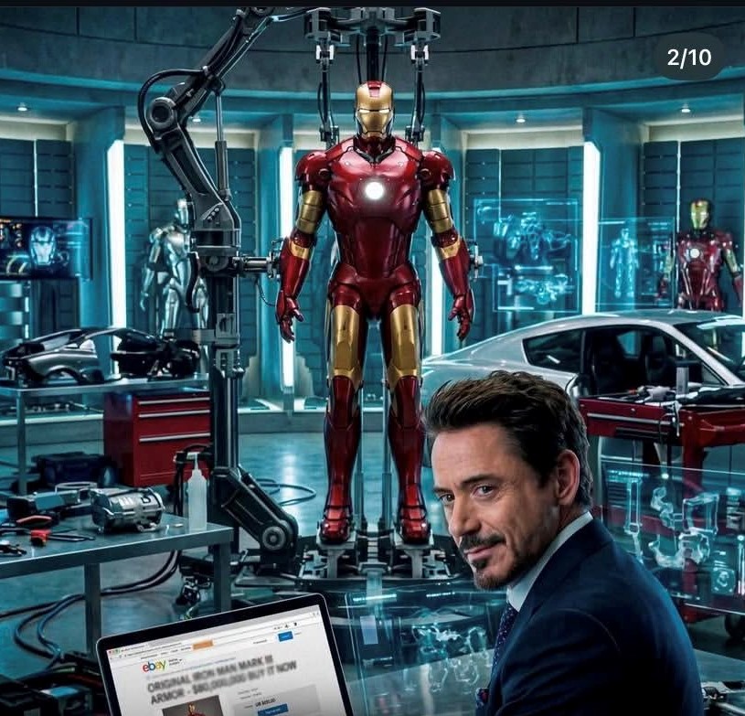Tony Stark sitting in workshop with Iron Man armor suit on display behind him