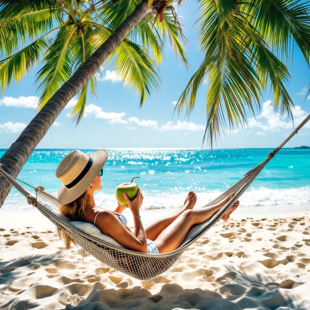 Woman in sun hat relaxing in beach hammock under palm trees with ocean view