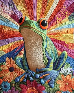 Quilted fabric art of a green tree frog with orange eyes on a radiating multicolored background with flowers