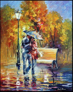 Painting of a couple with umbrella walking in the rain near a lamppost and bench in autumn
