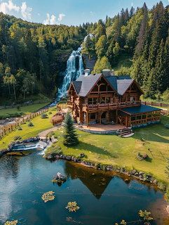 Aerial view of a rustic log cabin next to a pond with a large waterfall and dense forest behind it.