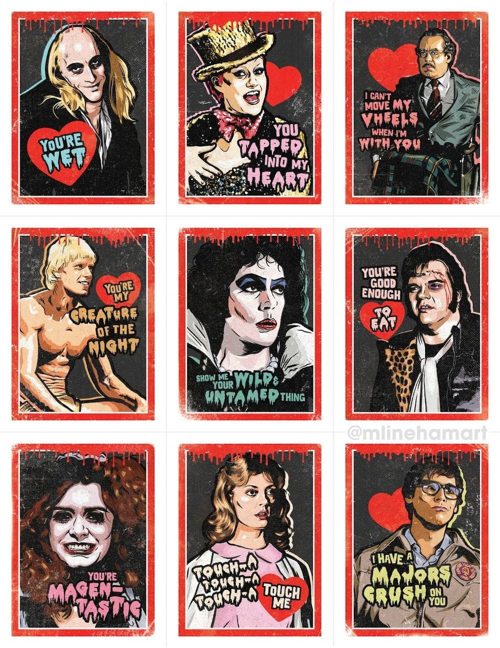 Nine illustrated Rocky Horror character portraits arranged in a colorful grid with caption bubbles.