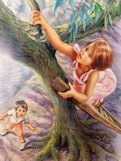 Two children climbing a large tree with colorful swirling branches in watercolor style