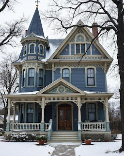 Blue Victorian house with turret and white trim in snow