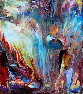 Abstract fluid acrylic painting with swirling turquoise, burgundy, yellow and white colors in dynamic flowing patterns