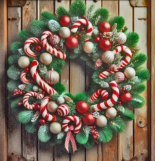 Christmas wreath with candy canes, red and silver ornaments, and pine branches on wooden door