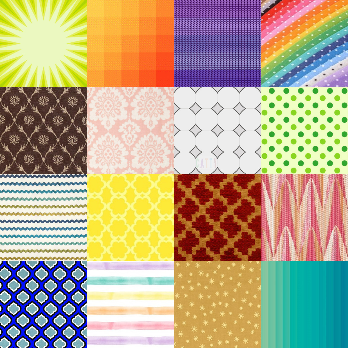 Grid of 16 colorful pattern squares including sunburst, stripes, dots, chevrons, damask, and geometric designs