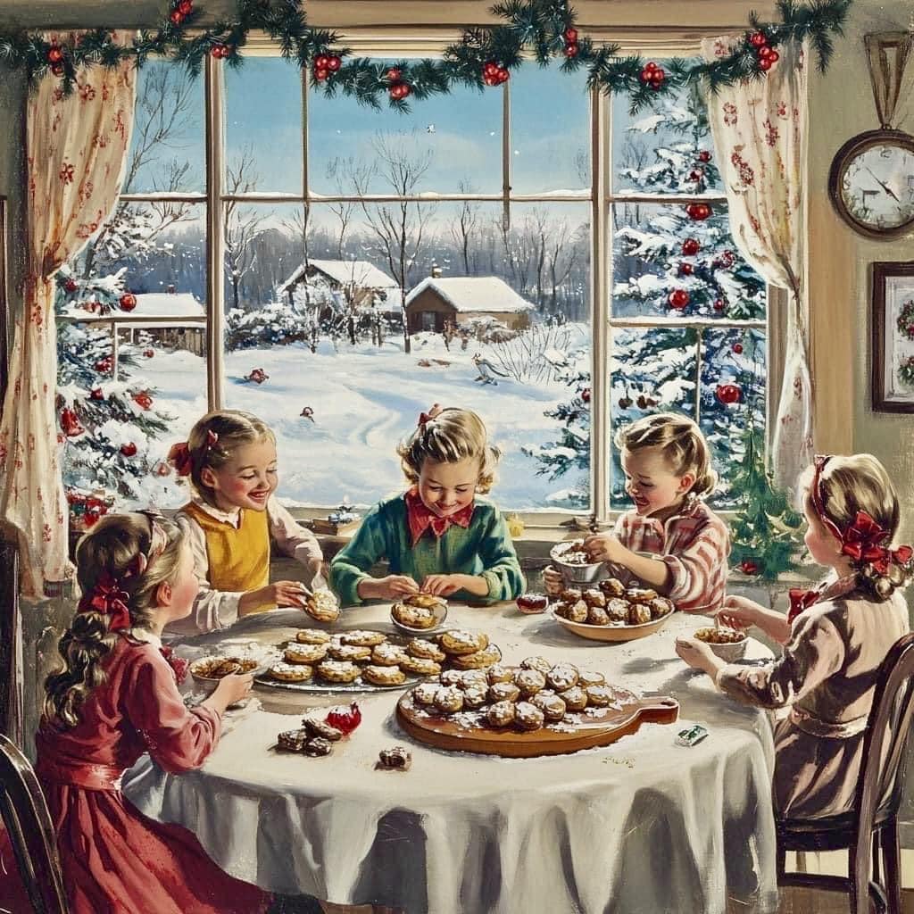 Children decorating cookies at a table beside a snowy Christmas window