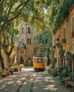 Yellow vintage tram on a cobblestone street between stone buildings and green trees with a clock tower