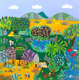 Colorful naive folk art painting of people camping beside a blue river amid flowers, animals, and rolling hills