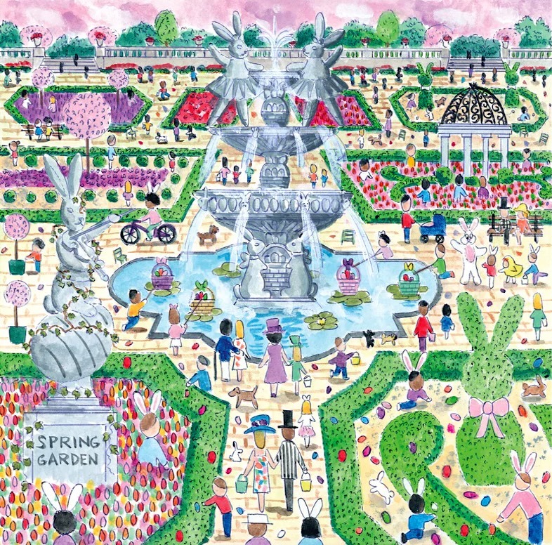 Illustrated overhead view of park with central fountain, gardens, people, and Easter egg hunt activities in spring