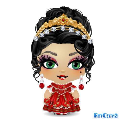 Cartoon girl with curly black hair, crown, green eyes, and a red dress on a white background
