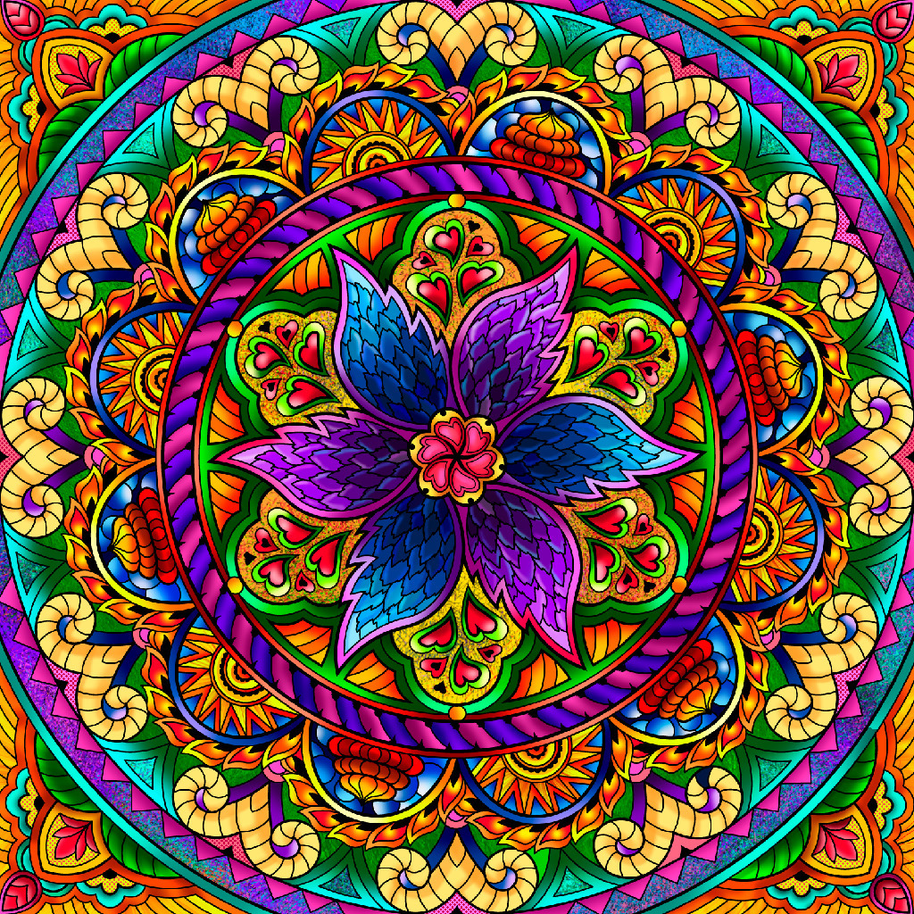 Intricate mandala with purple flower center surrounded by colorful geometric patterns in rainbow hues